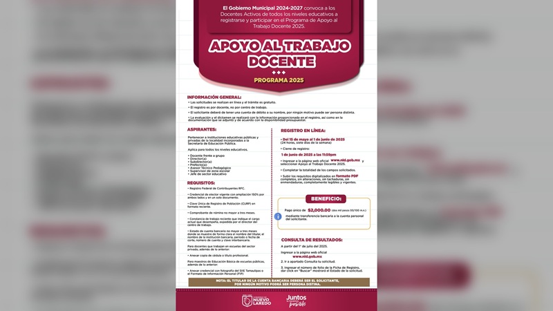 Invita NLD a registrarse para el programa de apoyo al trabaja docente