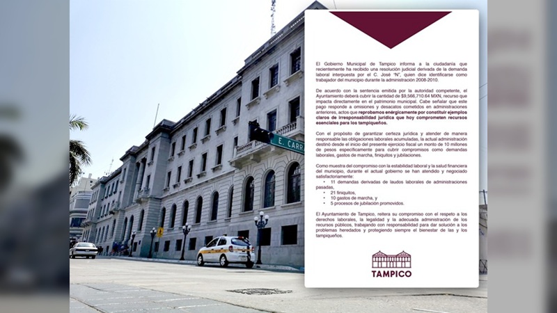 Tampico pagará 9.5 MDP por laudos laborales