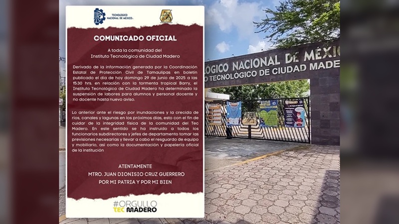 Tec Madero suspende labores ante amenaza de la tormenta tropical Barry