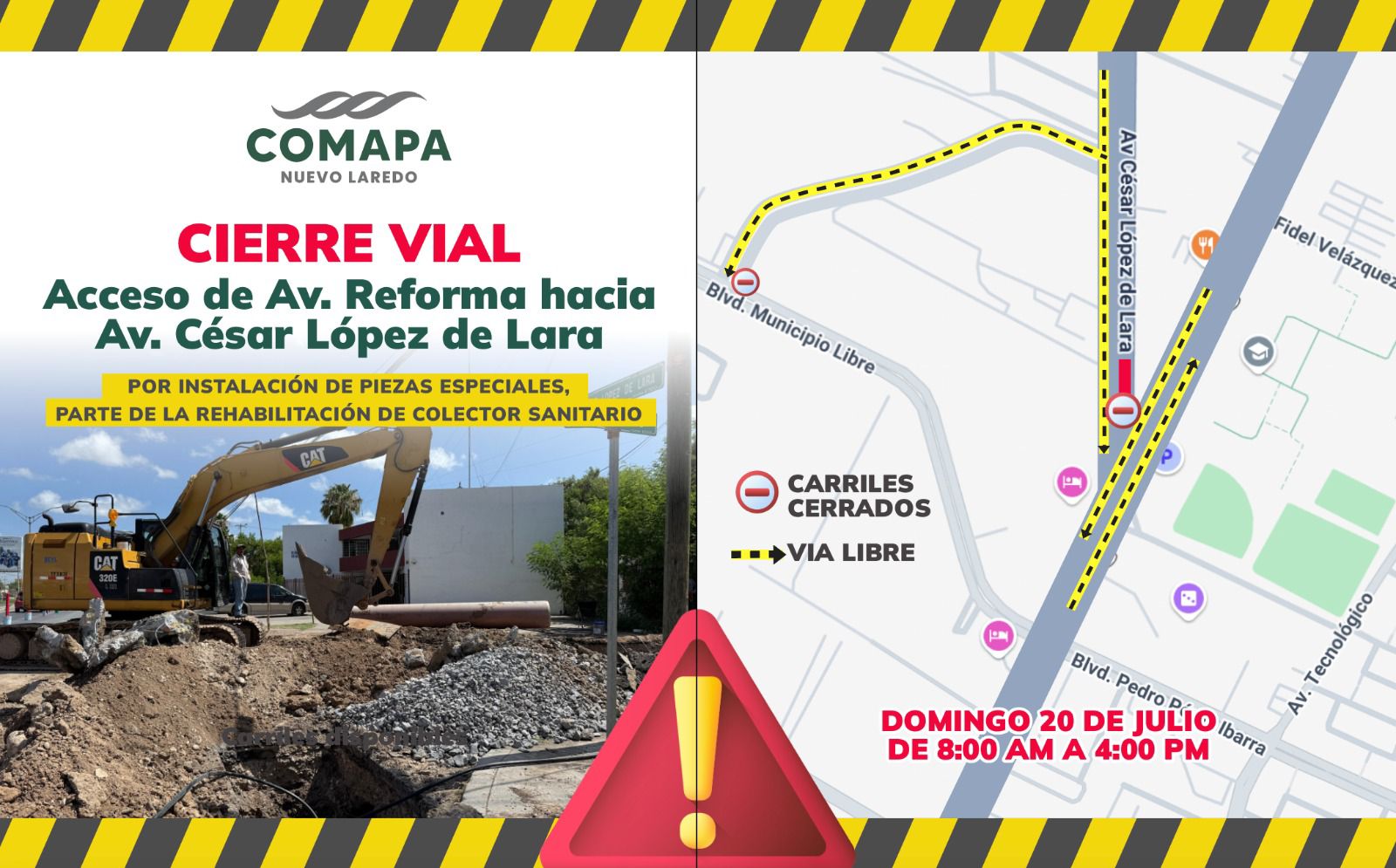 Por rehabilitación de colector, COMAPA cerrará la López de Lara